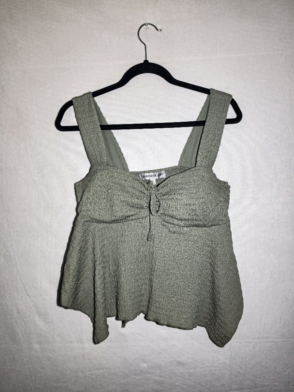 Large Madden girl sage green textured smocked peplum tank top